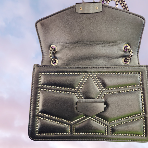 Black Sleek Faux Leather Studded Goth Punk Clutch Purse Chain Strap - Picture 3 of 9